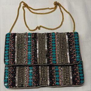 Black Clutch w/Turquoise & Metal Beading 10"x7" Excellent Condition